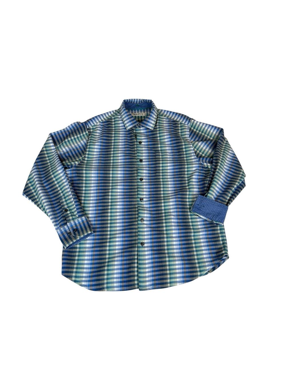 Tommy Bahama Shirt Men's Size Large Green/Blue Plaid Button Front Long Sleeve